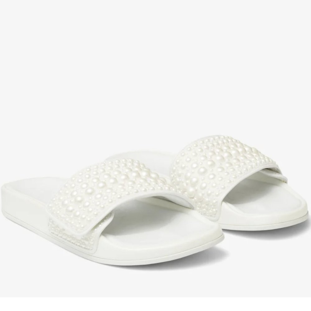Jimmy Choo Fitz Embellished Pool Slides - White Size 8/38